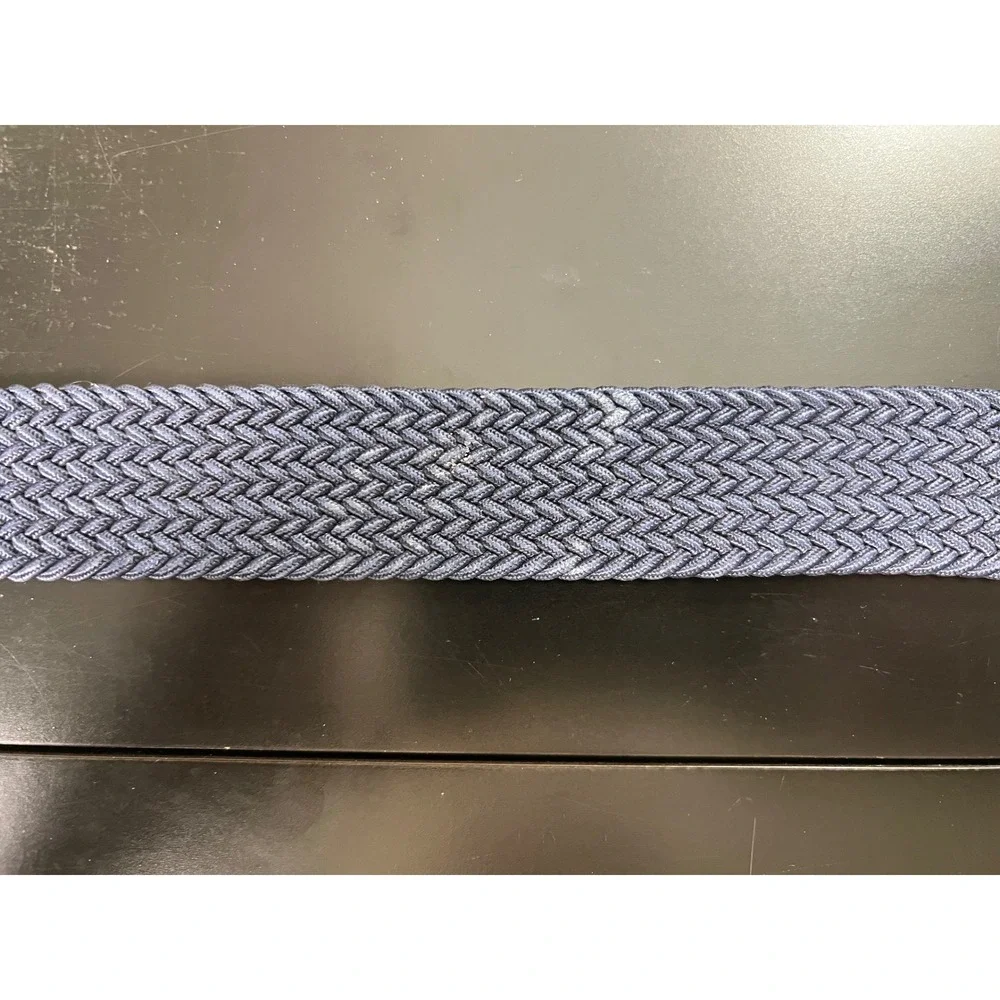 Mens Navy Blue Woven Elastic Stretch Belt Leather Trim Silver Buckle L 45 Inch